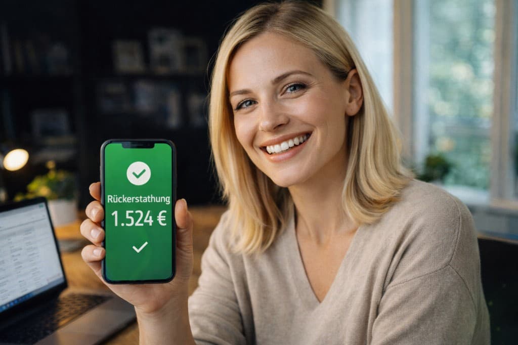 Zufriedene Frau mit 1.524 € Steuer-Rückerstattung auf dem Smartphone